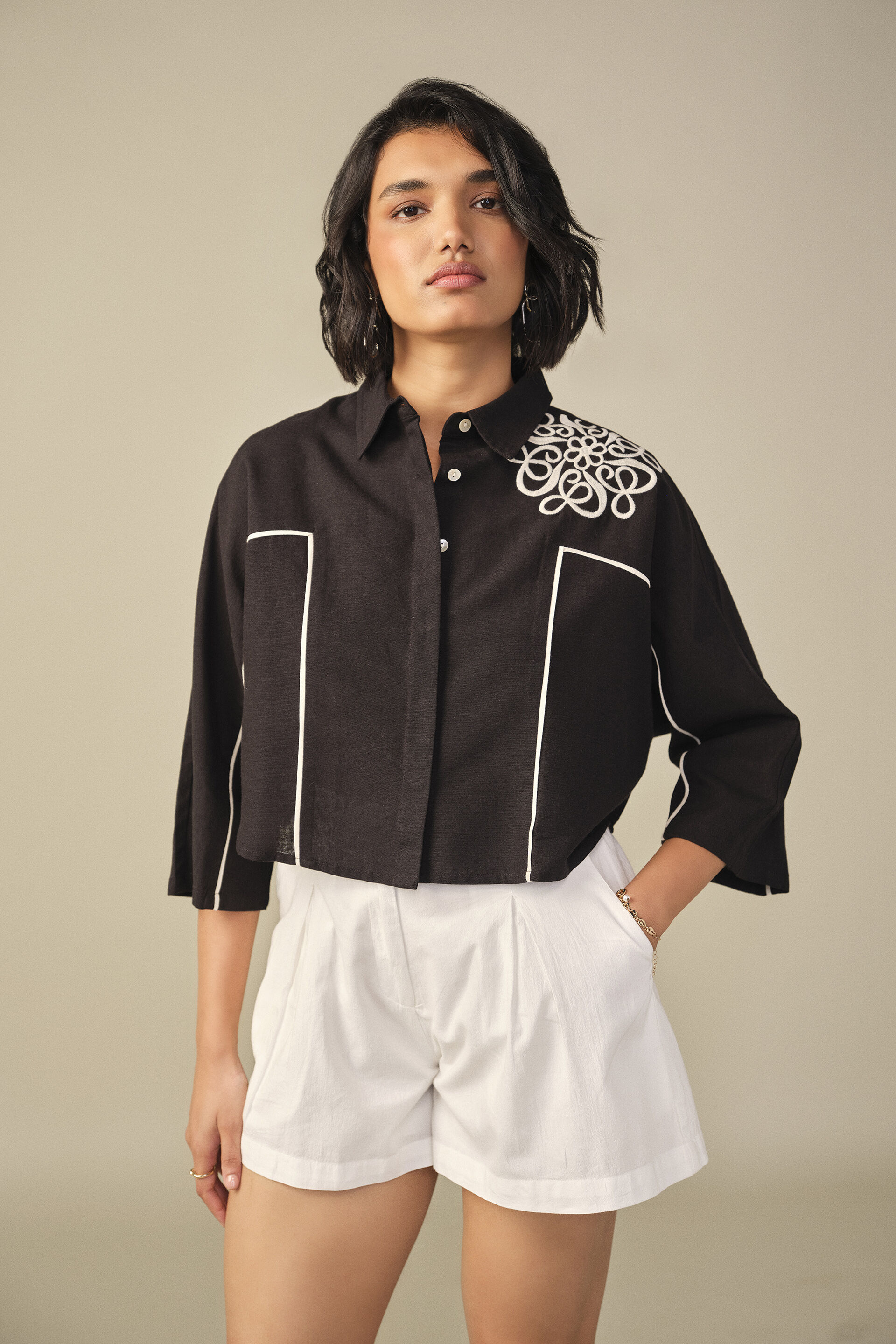 Printed Crop Shirt in Black